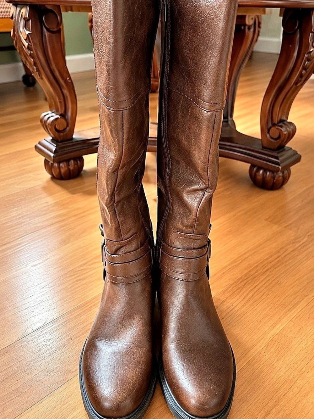 G by GUESS Brown Knee High Riding Boots Buckle Moto Studded Size 8.5